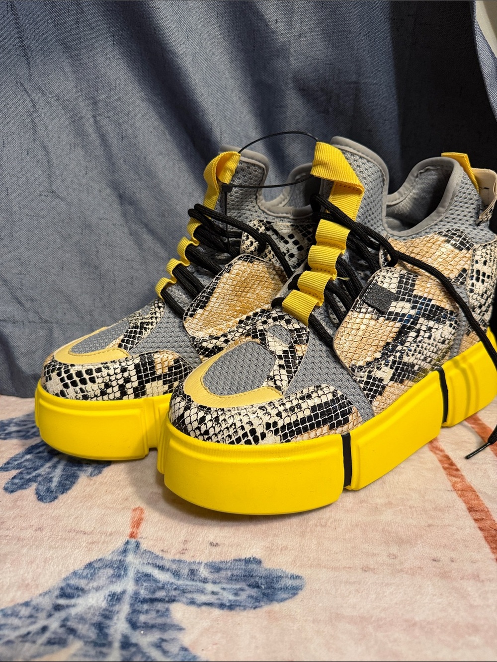 Yellow Snake-Print Platform Sneakers